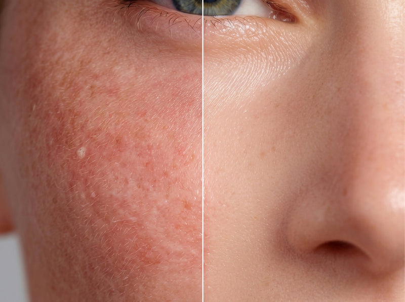 Frau mit geröteter Haut im Gesicht – Symptome von Rosacea auf Wangen und Nase